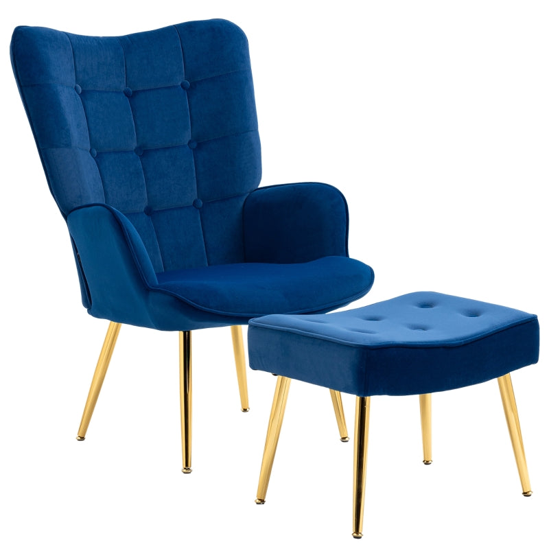 Stylish Velvet Wingback Armchair with Footstool for Living Room, Bedroom or Home Office in Dark Blue