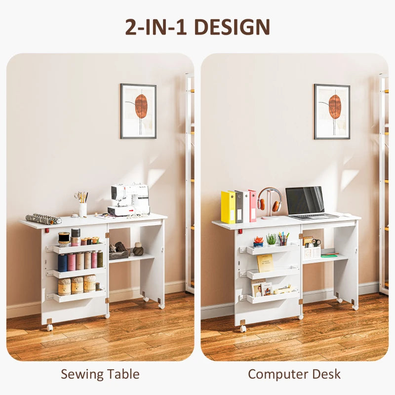 Folding Sewing Table with Drop Leaf & Storage Bins - Rolling Craft Table for Small Spaces, White Sewing Machine Cabinet