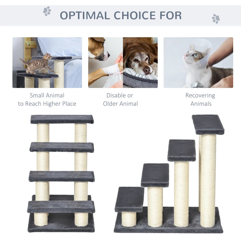 4-Step Dog Steps for Bed - Pet Stairs & Cat Ladder - Grey Scratch Post Design for Easy Access