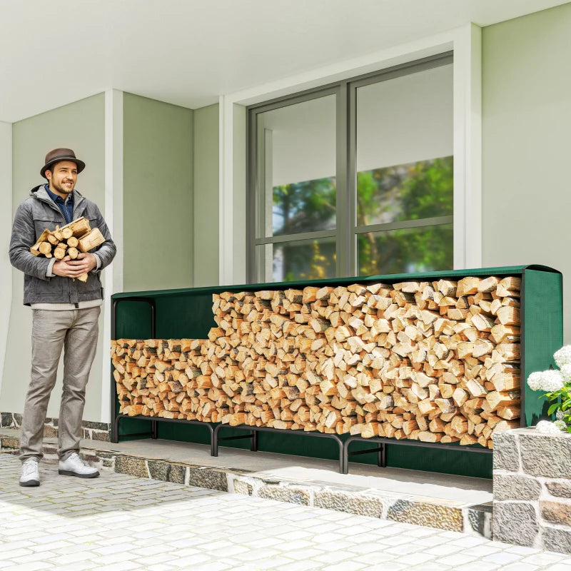 Heavy Duty Firewood Rack with Waterproof Cover - Indoor/Outdoor Log Storage Holder, 300x36x99 cm, Dark Green