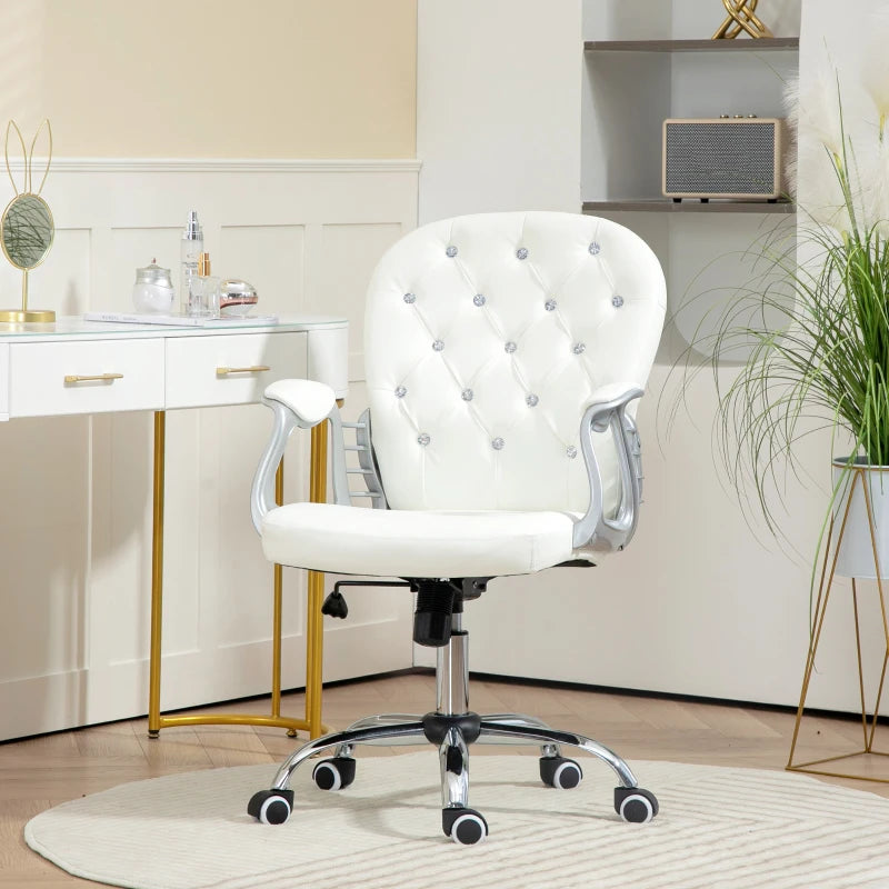 Ergonomic 360 Degree Swivel Office Chair with PU Diamante Padding and 5 Castor Wheels for Home and Work in White
