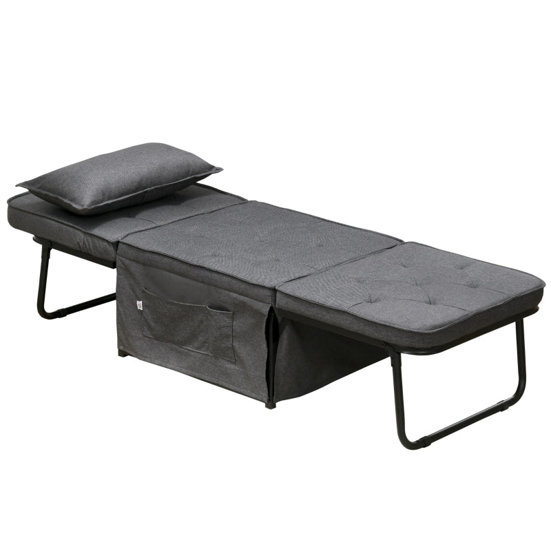 Adjustable Backrest Folding Sleeper Chair Bed with Pillow and Side Pockets for Living Room, Charcoal Grey