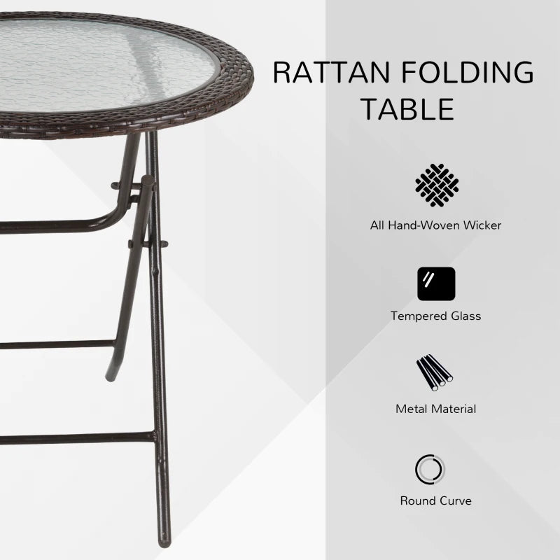 Brown Rattan Edged Round Glass Metal Folding Table