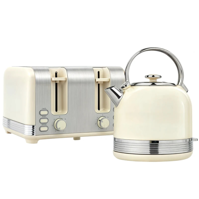 Polished Stainless Steel Cream Kettle and Toaster Set - Stylish Kitchen Appliances for Modern Homes