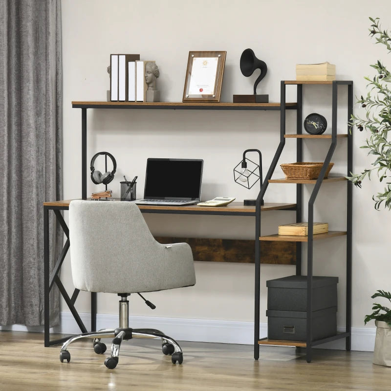 Industrial Computer Desk with Bookshelf - 6-Tier Storage Shelves for Home Office, Bedroom & Study - Rustic Brown, 150x55x138cm