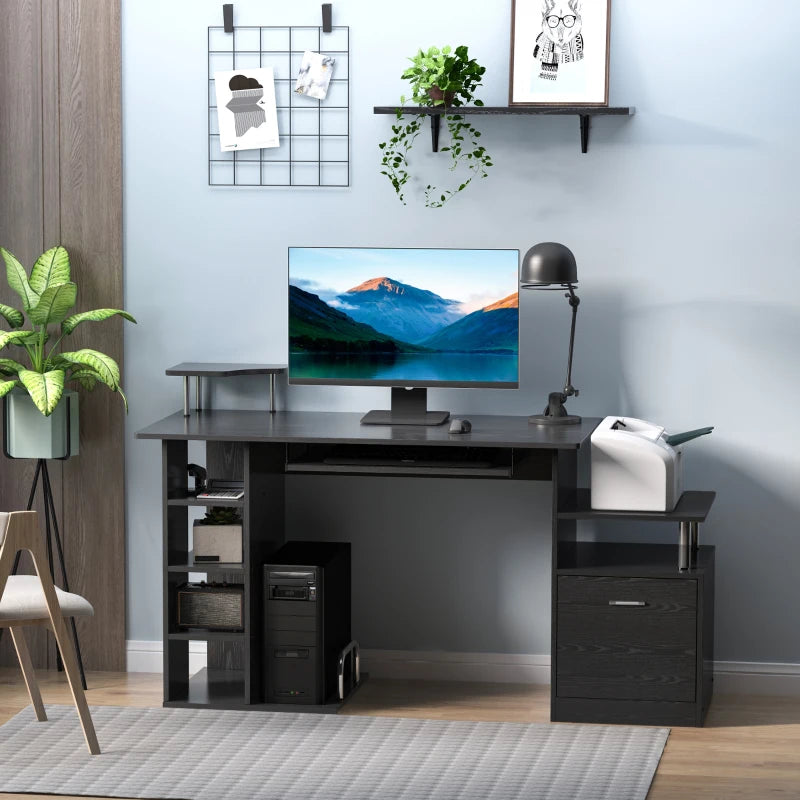 Modern Black Computer Desk with Drawer & Shelves - PC Workstation & CPU Storage Rack for Home Office - 152x60x88cm