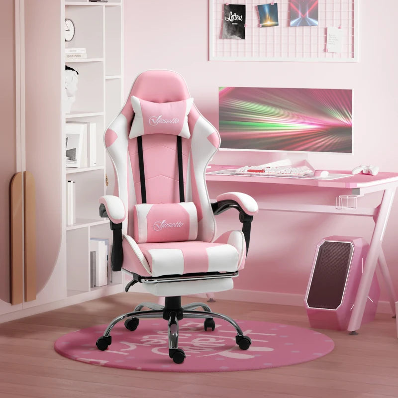 Vinsetto Pink Ergonomic Gaming Chair - PU Leather Reclining Computer Chair with Footrest, Lumbar Support & Adjustable Height for Adults