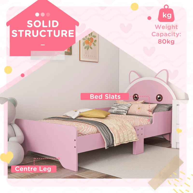 ZONEKIZ Kids Cat Design Toddler Bed Frame with Guardrails - Pink Bedroom Furniture for Ages 3-6, 143x74x72cm