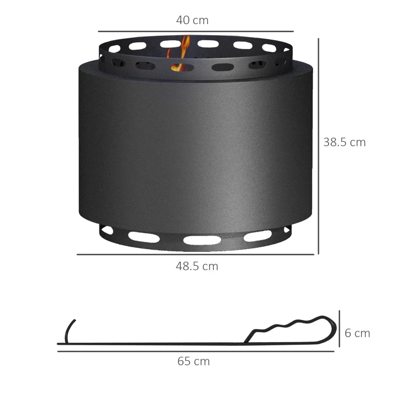 Portable Smokeless Fire Pit 48.5cm - Black Metal Wood Burning Firepit with Poker for Garden, Camping & Bonfire Parties
