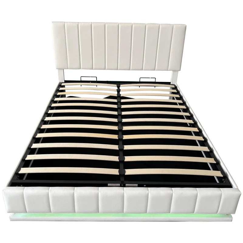 5ft Upholstered King Bed with Hydraulic Storage & RGB LED Lighting - Adjustable Headboard, Cream White, 203L x 157W x 111H cm