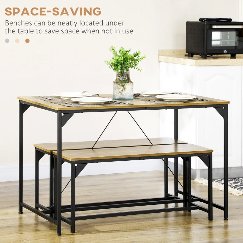 Natural Dining Table and Bench Set for 4 - Space Saving Kitchen Furniture with 2 Benches - Perfect for Dining Rooms