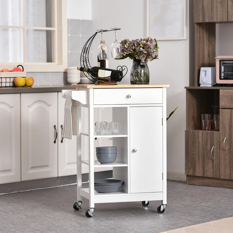 Versatile Kitchen Trolley on Wheels - White Kitchen Island with Wood Top, 3 Shelves & Storage Cupboard