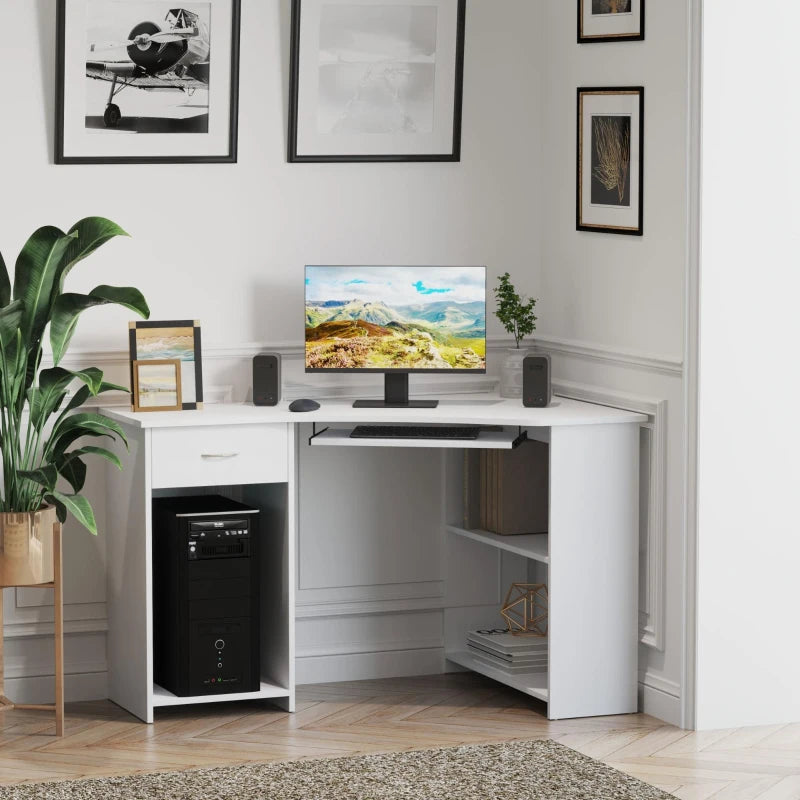 L-Shaped Corner Computer Desk with 2 Shelves, Keyboard Tray, Drawer & CPU Stand - White Home Office Furniture