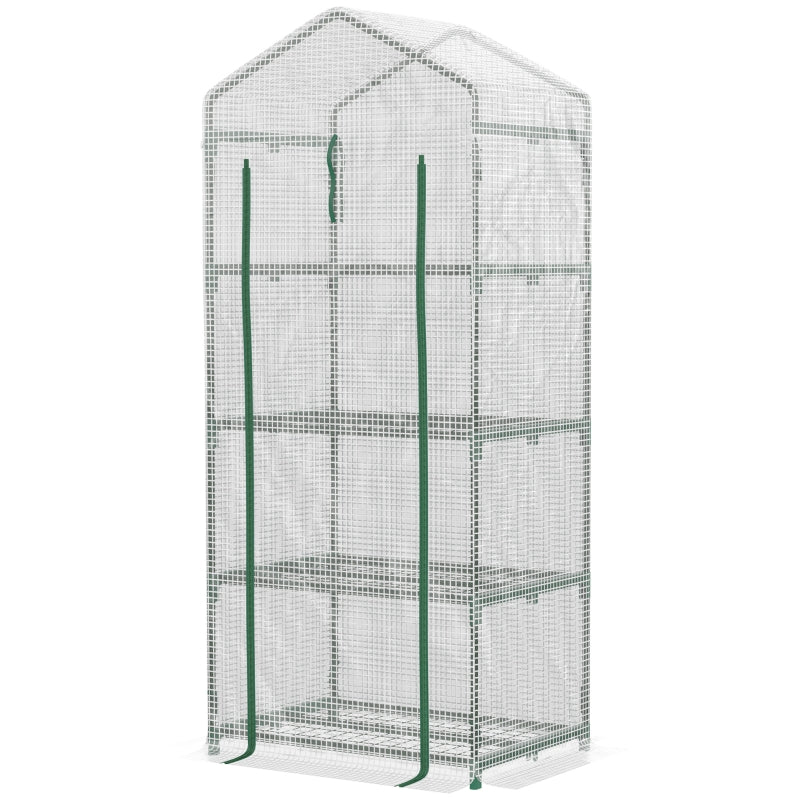 Compact White 4 Tier Mini Greenhouse with Steel Frame and Roll-up Door