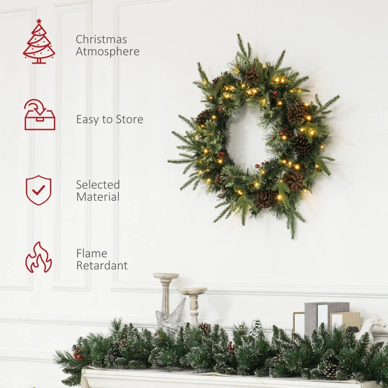 60" Cone and Berry Christmas Wreath with LED Lights - Festive Holiday Decor for Home and Office