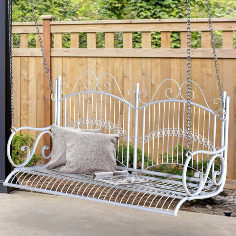 White Metal 2-Seater Hanging Swing Chair Garden Bench - 118x58x57 cm