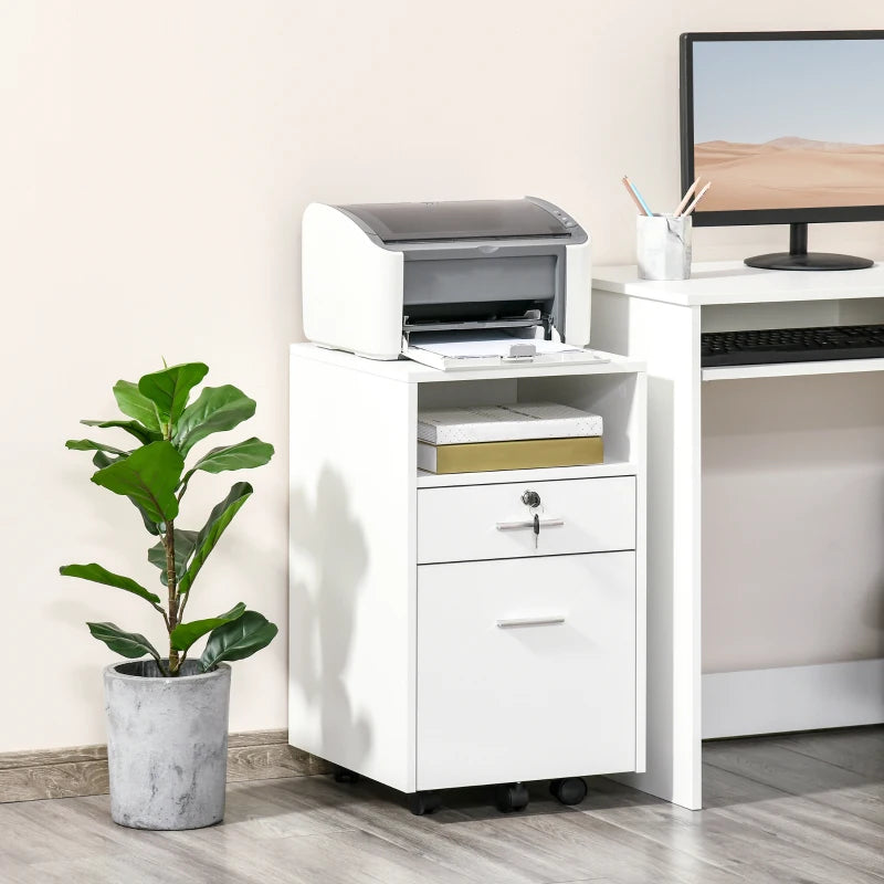 Vinsetto Lockable Two-Drawer Filing Cabinet on Wheels - Modern White Storage Solution for Home Office Organization