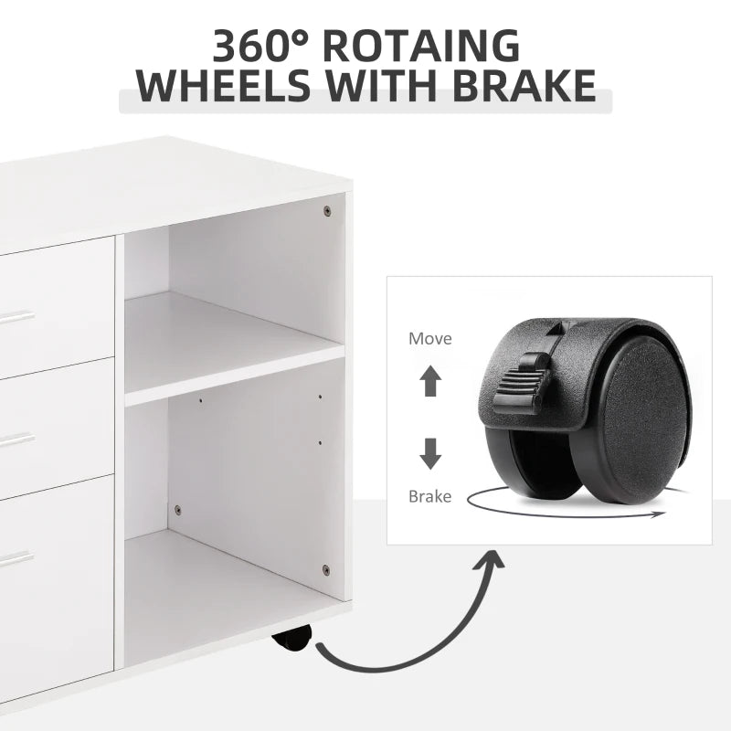 Modern Freestanding Printer Stand with Wheels - Office Desk Storage Unit, 3 Drawers & 2 Open Shelves, White, 80x40x65 cm
