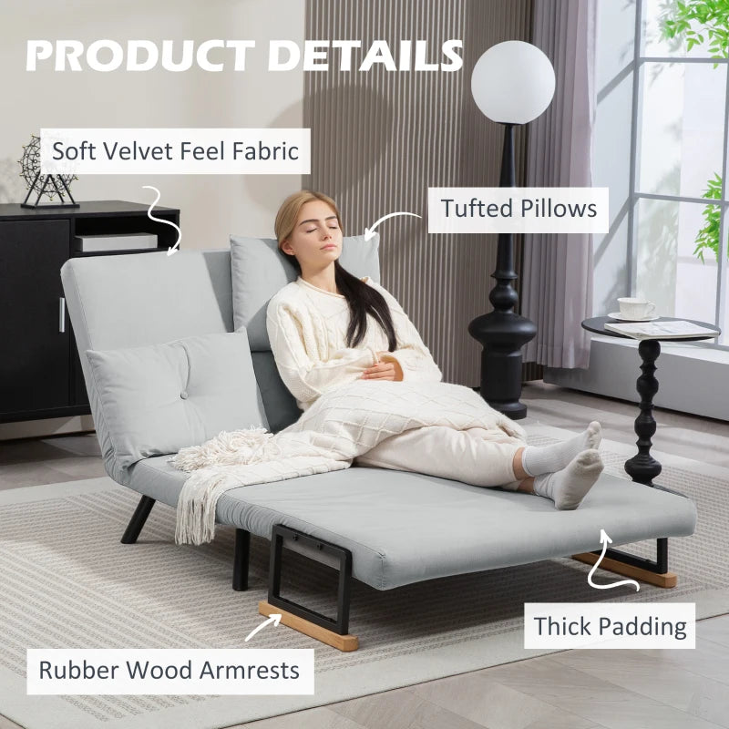 Velvet-Feel Double Sofa Bed with Pillows in Light Grey - Versatile 4-in-1 Design for Comfort and Style