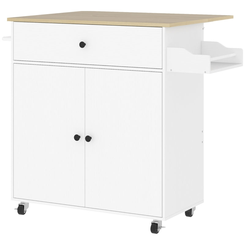 Rolling Kitchen Island with Drop Leaf - White Kitchen Storage Cart with Drawer, Spice Rack & Towel Rack