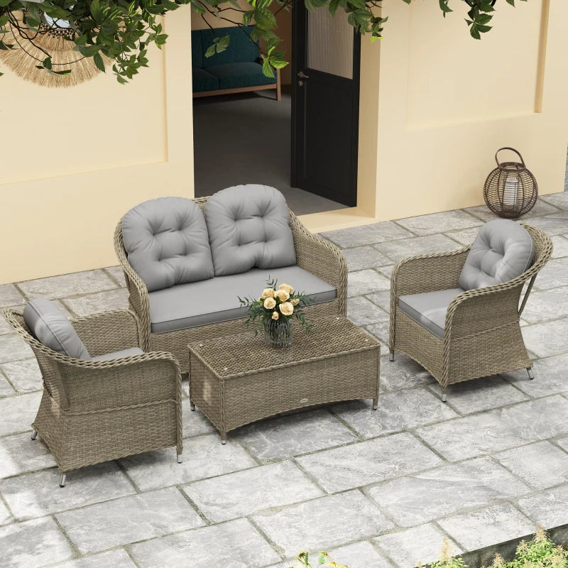 Stylish Light Grey Rattan Sofa Set with Glass Table