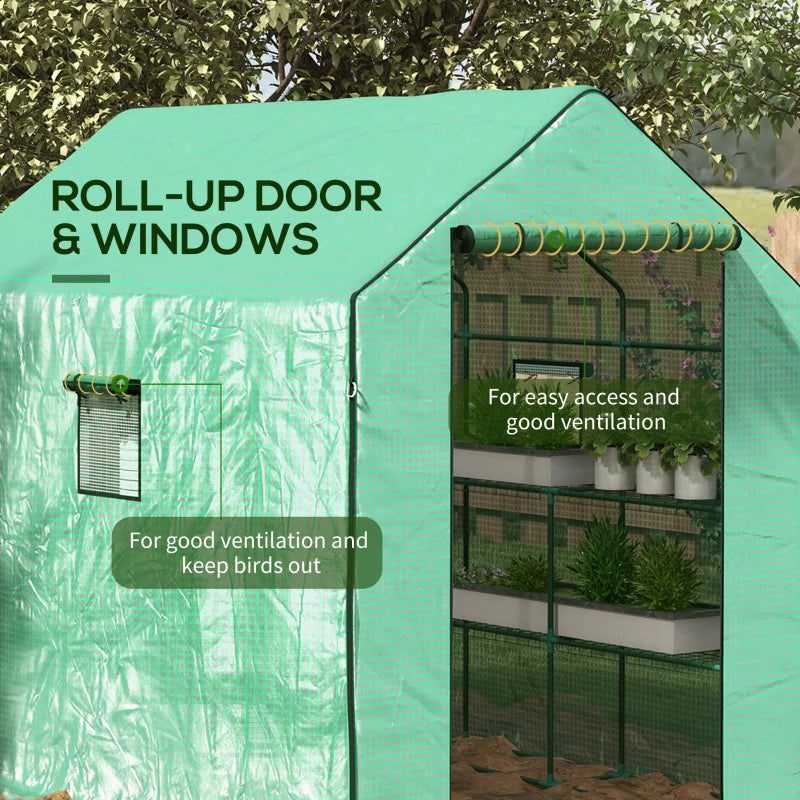 Green 3-Tier Walk-in Garden Greenhouse with PE Cover, Roll-up Door, Mesh Windows - 140 x 213 x 190cm