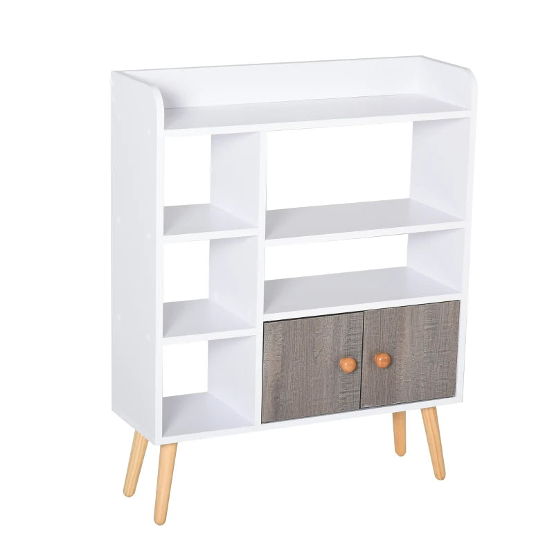Freestanding Bookcase with Storage Cabinet - 6 Shelves, Wood Legs, White & Grey - Home Office Display, 24D x 71.8W x 90.8H cm