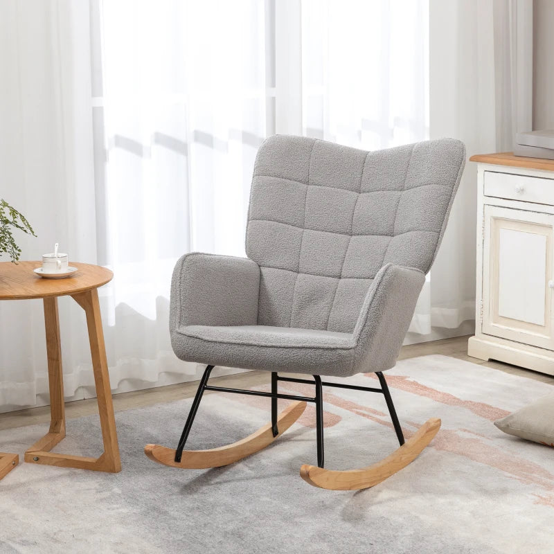 Berber Fleece Nursery Glider Rocker for Nursing, Wingback Rocking Chair in Light Grey for Living Room