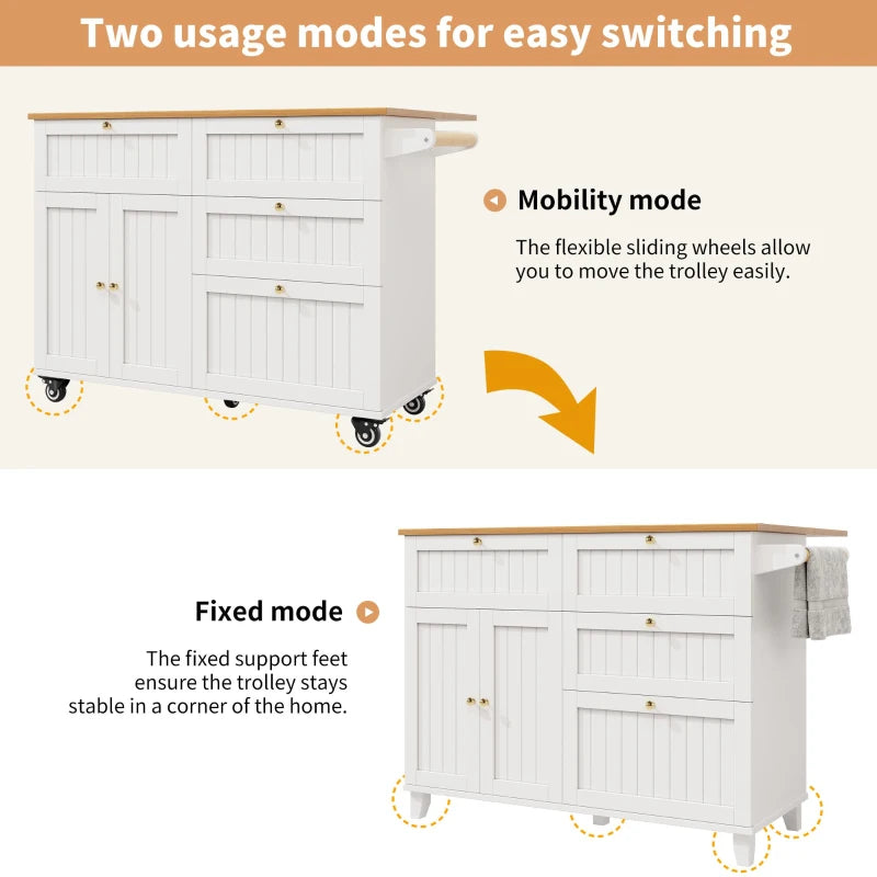 Rolling Mobile Kitchen Island Cart with Drawer & Storage, Drop Leaf, Multi-Functional Design, 133L x 70W x 88H cm, White