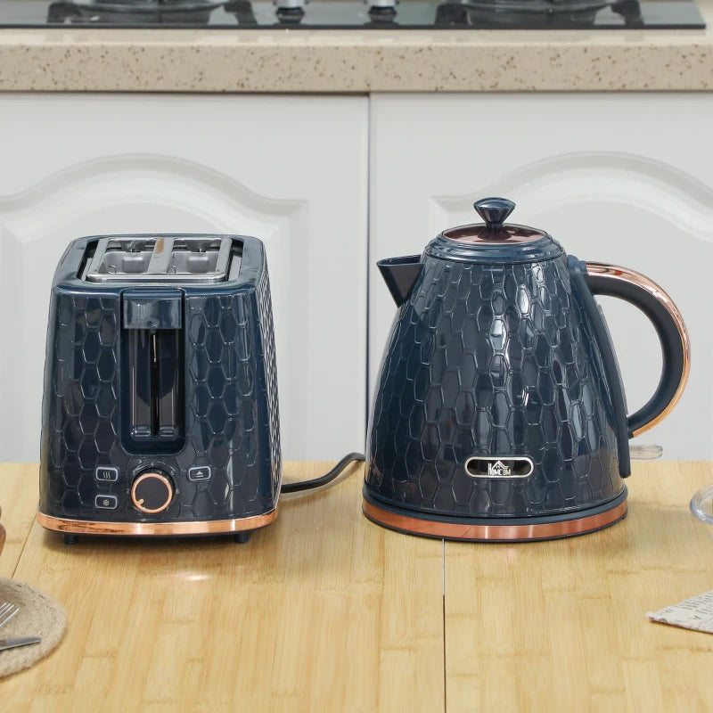 1.7L 3000W Fast Boil Kettle & 2 Slice Toaster Set - Auto Shut Off, Browning Controls, Stylish Blue Finish
