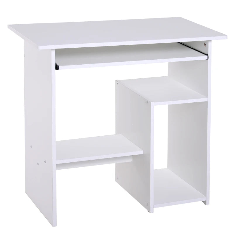 Compact Modern White Wooden Computer Desk with Keyboard Tray & Storage Shelf - Ideal Corner Table for Home Office