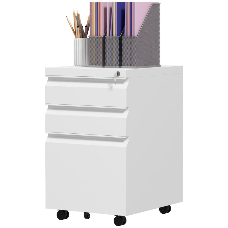 Vinsetto Mobile 3-Drawer Filing Cabinet with Lock - Steel Under Desk Storage for A4, Legal & Letter Size - White