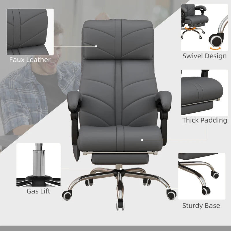 Vinsetto High Back Massage Office Chair with Heat & Footrest - Grey PU Leather Reclining Computer Chair