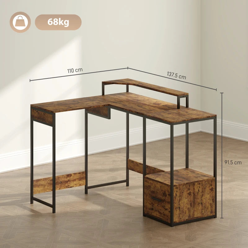 Industrial 'L' Shaped Multi-Work Desk in Brown - Stylish and Functional Home Office Furniture for Productivity