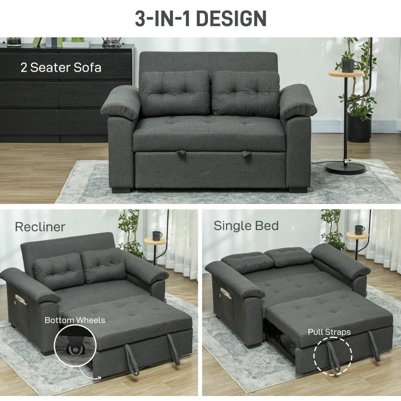 Fabric 2-Seater Click Clack Sofa Bed with Pocket Springs, Cushions and Side Pockets for Living Room, Charcoal Grey