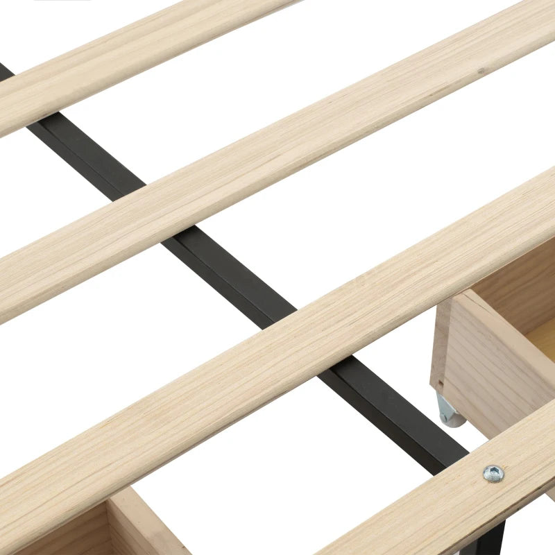 Grey Upholstered Storage Bed with 4 Drawers & Soft Backrest - Metal Frame, 204L x 156W x 106H cm