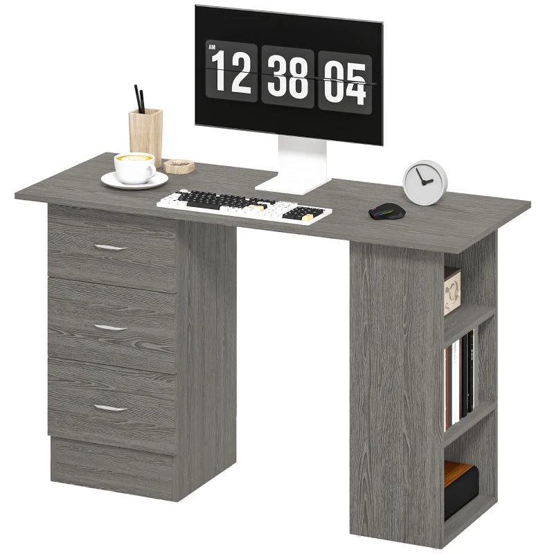 Modern Grey Computer Desk with 3 Storage Shelves & Drawers, Stylish Writing Table for Home Office, Silver Handle Workstation