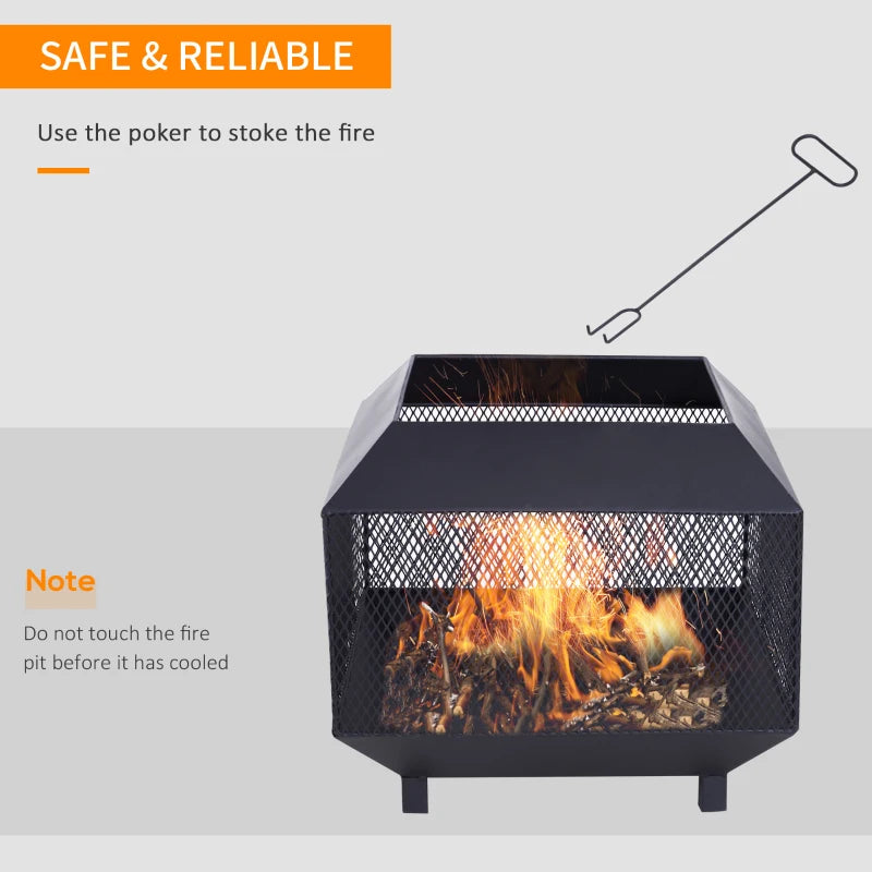Metal Square Fire Pit with Lid & Poker - Outdoor Mesh Brazier for Backyard, Camping & Bonfire - 44x44x40cm, Black