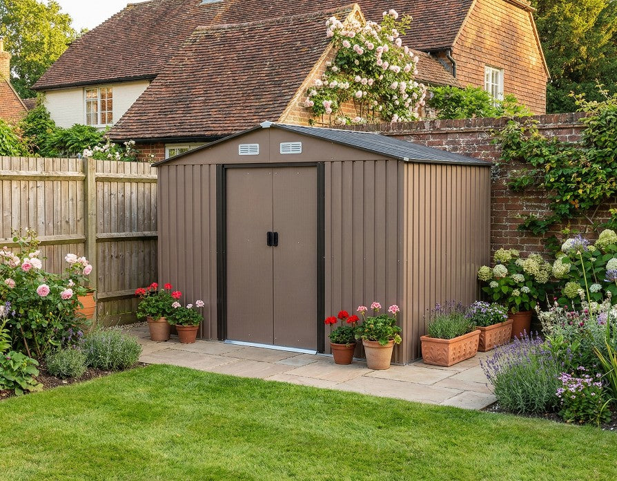 9ft x 6ft Outdoor Garden Storage Oasis with Foundation, Ventilation, and Rustic Brown Doors