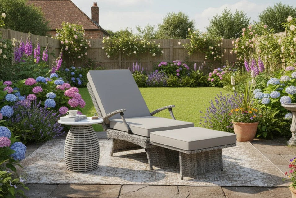 80° Reclining Rattan Lounger With Padded Cushions - Grey