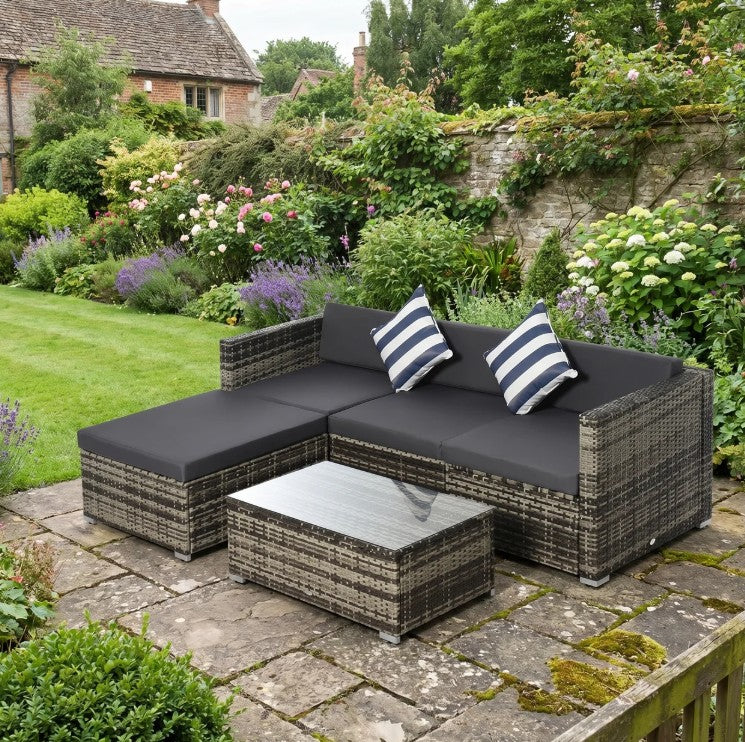 Mixed Brown L-Shaped 3 Seater Sofa With Dark Grey Cushions, Striped Pillows and Glass Top Coffee Table