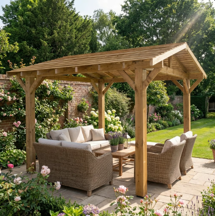 Ruby Wooden Apex Gazebo with Cedar Featheredge Roof – With Overhang Design