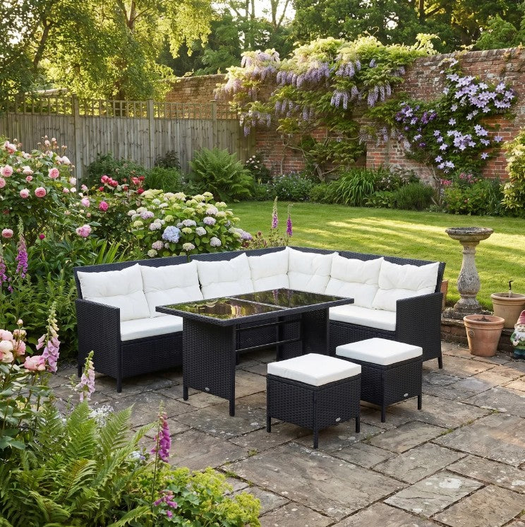 Black 8-Seater Rattan Wicker Corner Sofa Set With Table