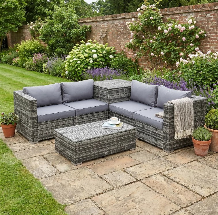 4 Seater Mixed Grey Corner Rattan Sofa With Glass Top Table and Storage Unit