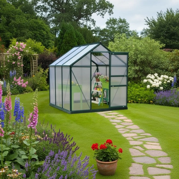 Green 6ft x 6ft Walk-In Polycarbonate Greenhouse with Aluminium Frame, Sliding Door & Roof Vent Window – Outdoor Garden Grow House for Plants, Vegetables & Flowers – Green