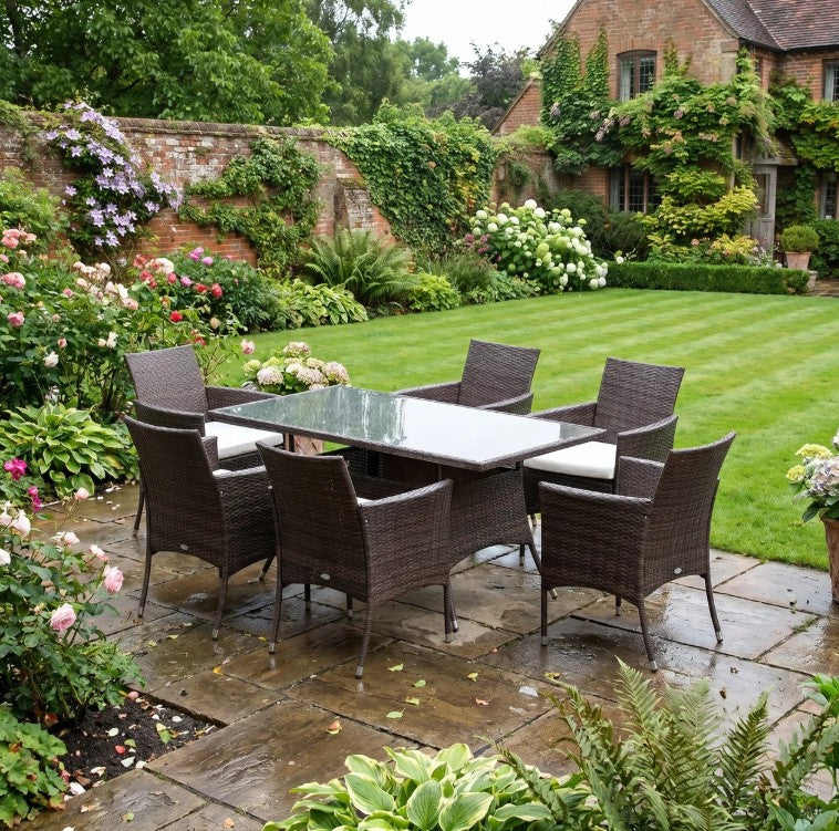 Brown 6 Seater Rattan Dining Set with Cushions and Rectangular Glass Top Table