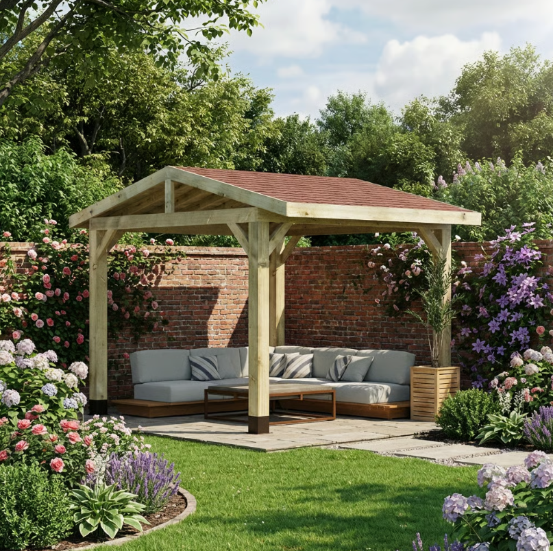 Ruby Wooden Apex Gazebo with Katepal Red Shingle Roof - Classic Garden Gazebo (No Overhang)