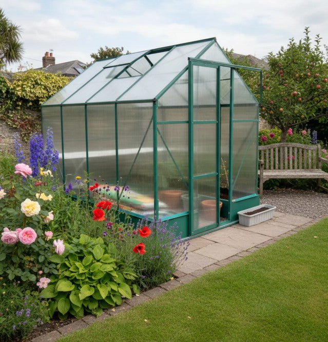 Green 6ft x 8ft Polycarbonate Greenhouse With Aluminium Frame and Temperature Controlled Window and Foundation