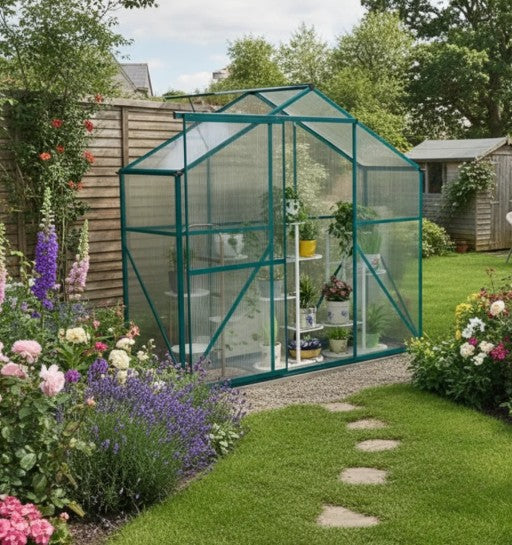 6ft x 2.5ft Green Polycarbonate Walk-In Greenhouse with Rain Gutter, Sliding Door, Window & Foundation
