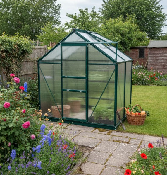 6ft x 4ft Walk-In Polycarbonate Greenhouse with Aluminium Frame, Sliding Door & Vent Window – Outdoor Garden Grow House for Plants, Vegetables & Flowers – Dark Green